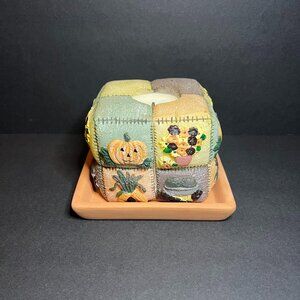 RAC Designs Fall Autumn Quilted Patchwork Pumpkin Floral Cube Candle & Holder